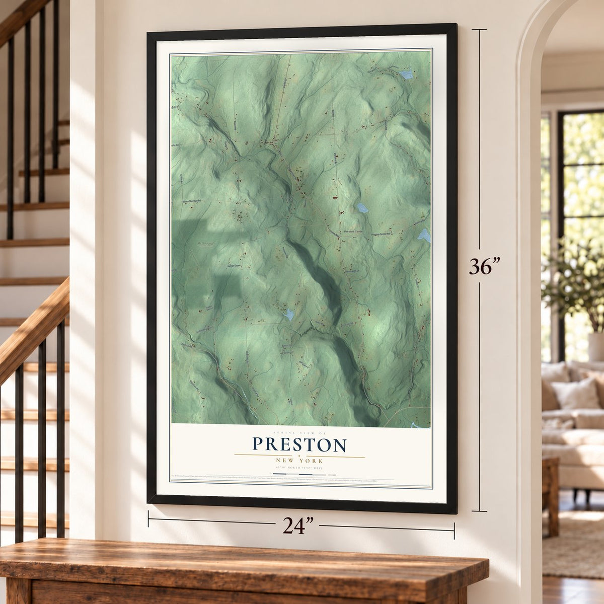 Preston, New York map, 24 x 36 inch print in a black frame by a staircase