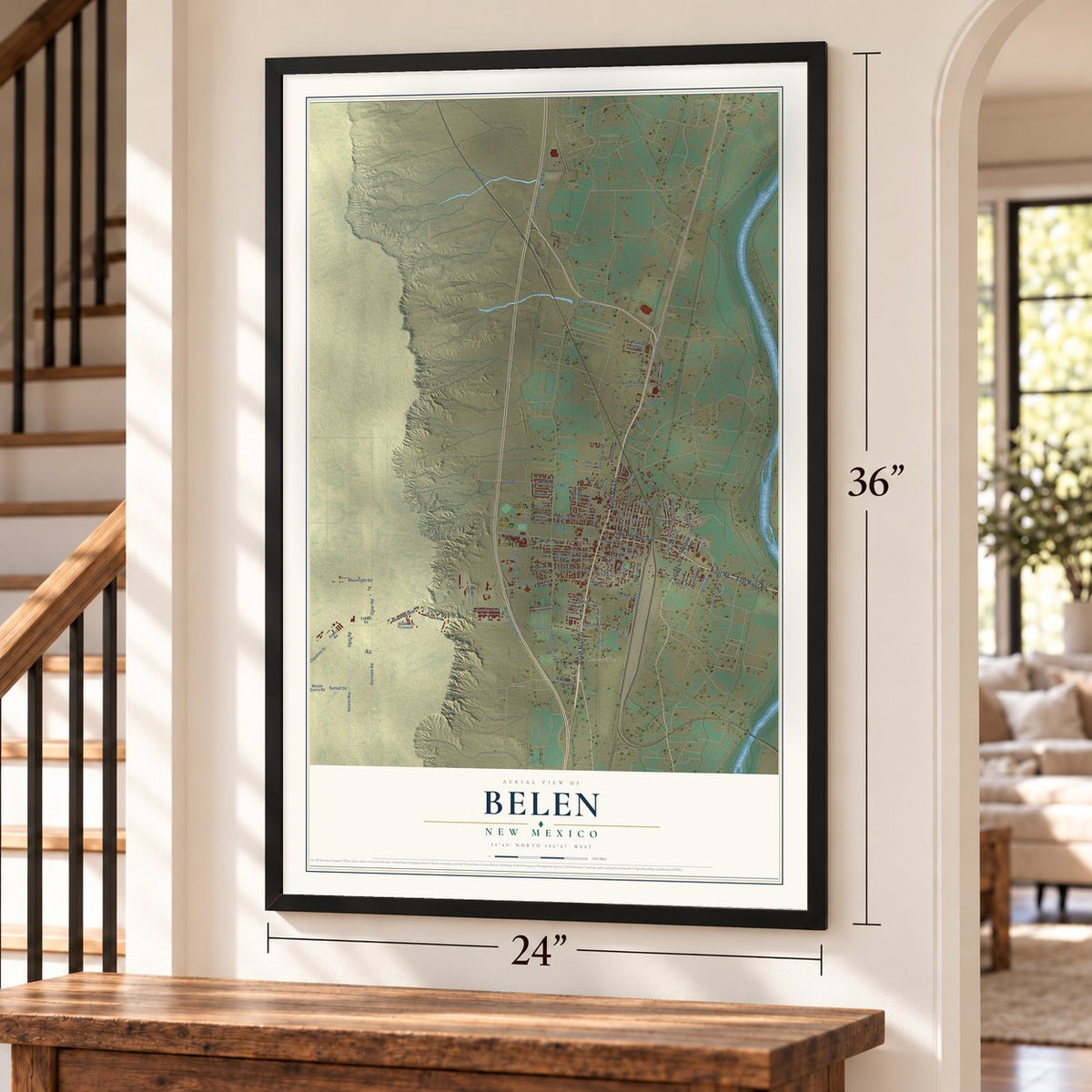 Belen, New Mexico map, 24 x 36 inch print in a black frame by a staircase