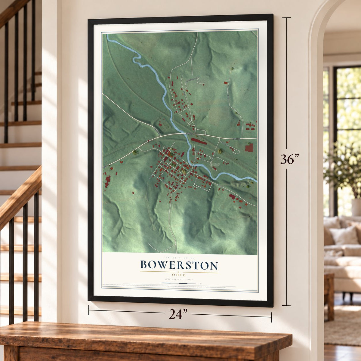 Bowerston, Ohio map, 24 x 36 inch print in a black frame by a staircase