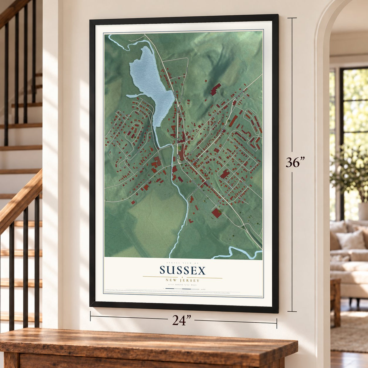Sussex, New Jersey map, 24 x 36 inch print in a black frame by a staircase