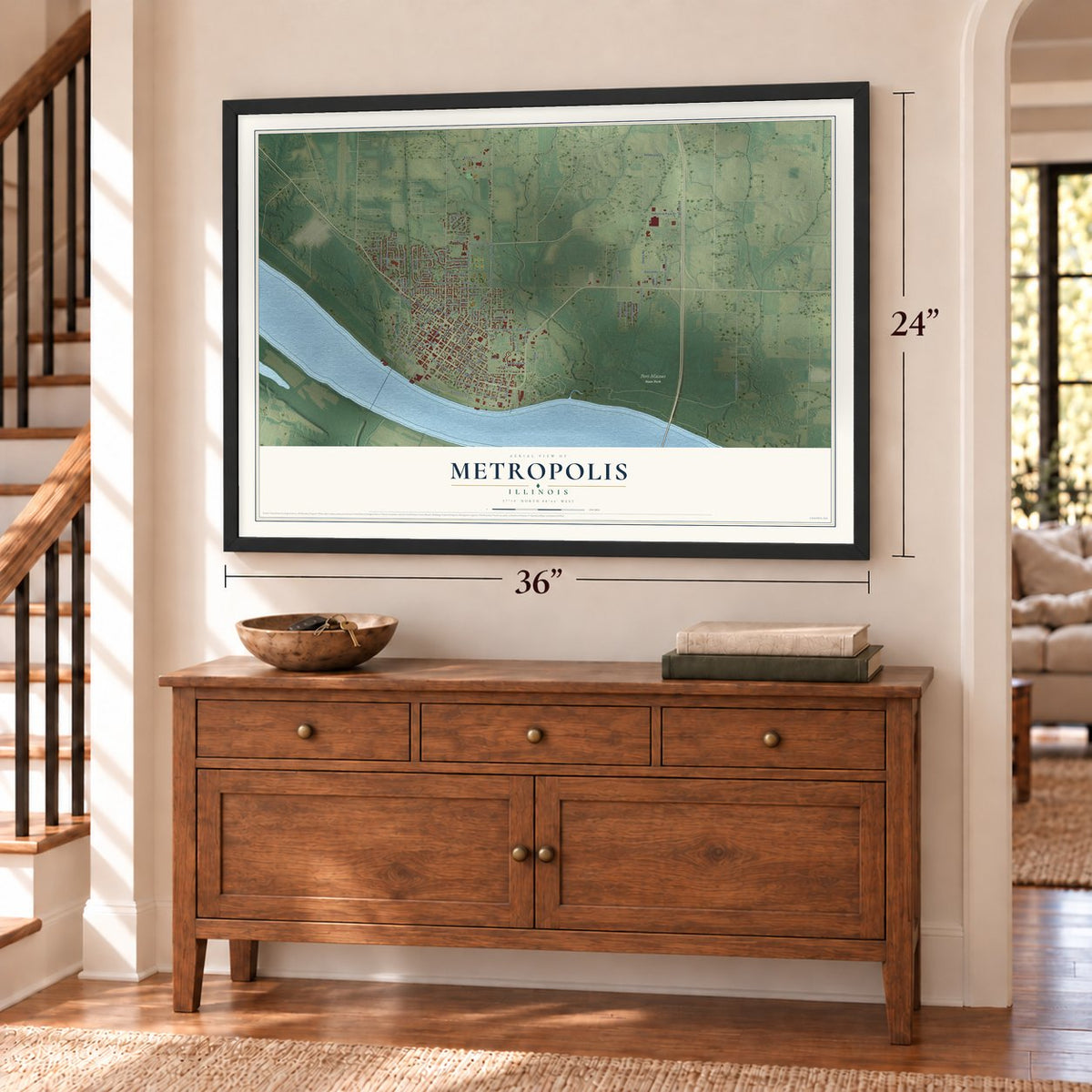 Metropolis, Illinois map, 24 x 36 inch print in a black frame above a dresser by a staircase