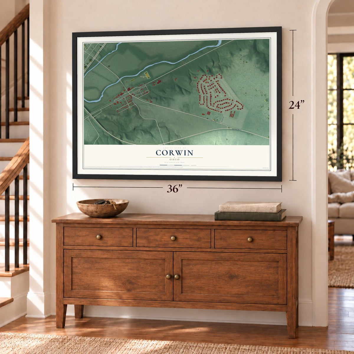 Corwin, Ohio map, 24 x 36 inch print in a black frame above a dresser by a staircase