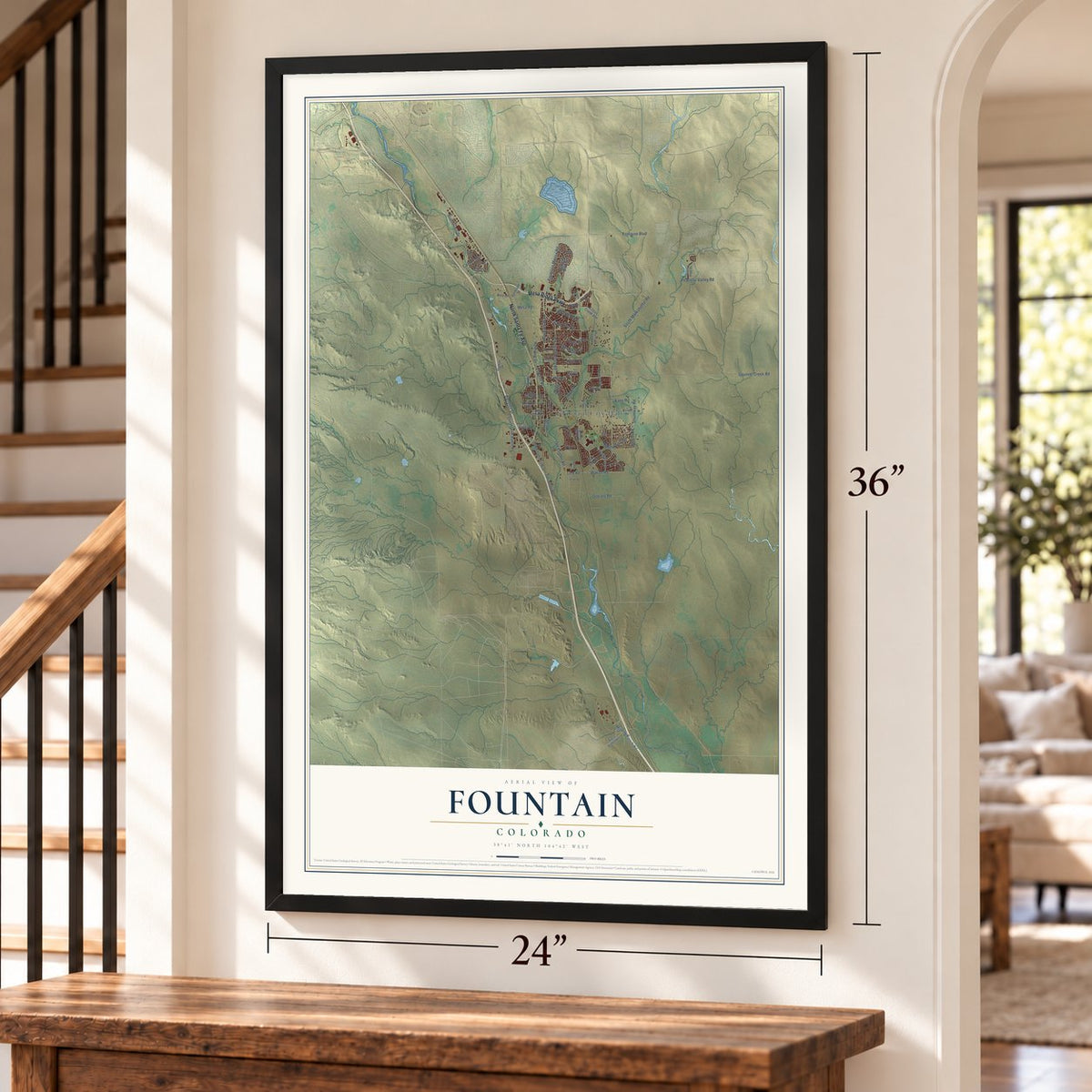 Fountain, Colorado map, 24 x 36 inch print in a black frame by a staircase