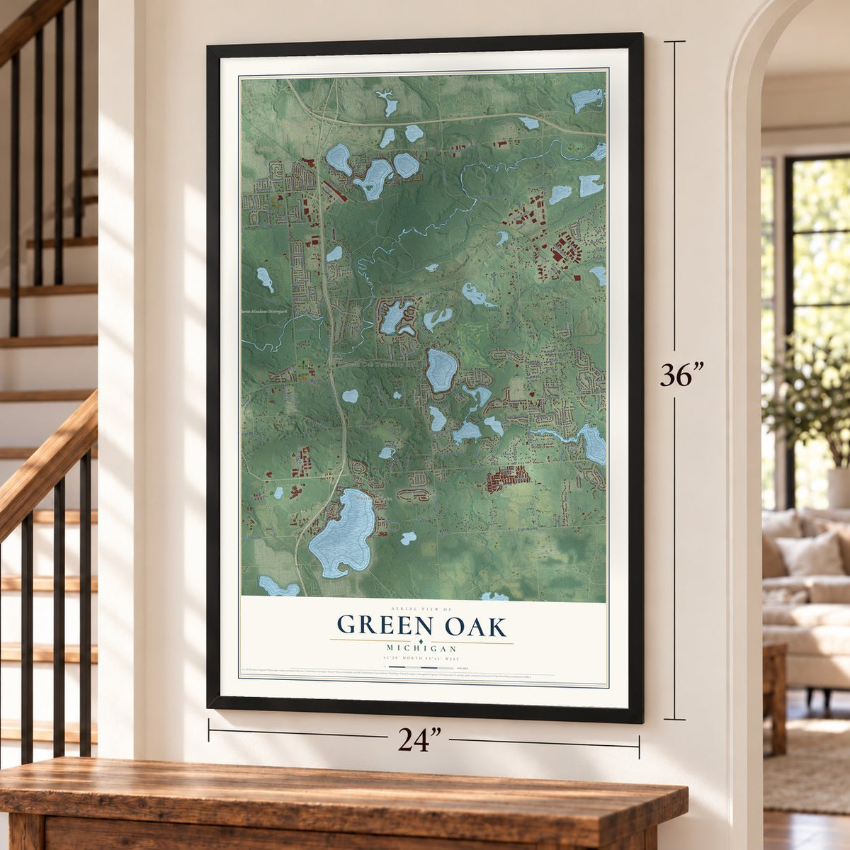 Green Oak, Michigan map, 24 x 36 inch print in a black frame by a staircase