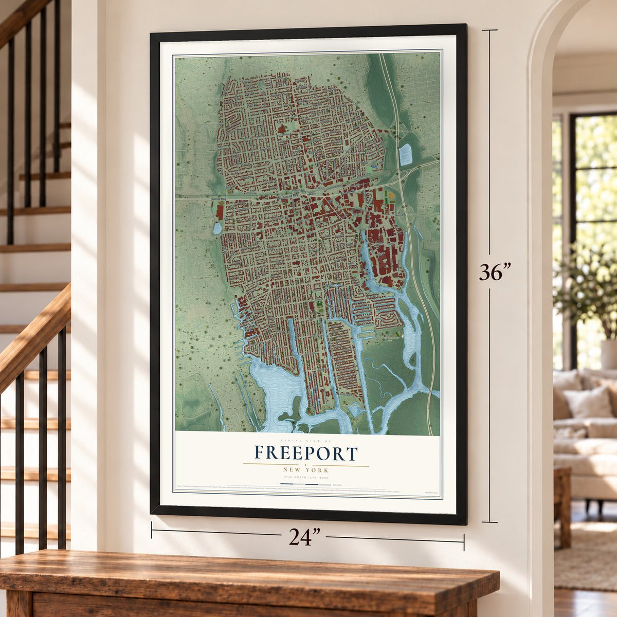 Freeport, New York map, 24 x 36 inch print in a black frame by a staircase