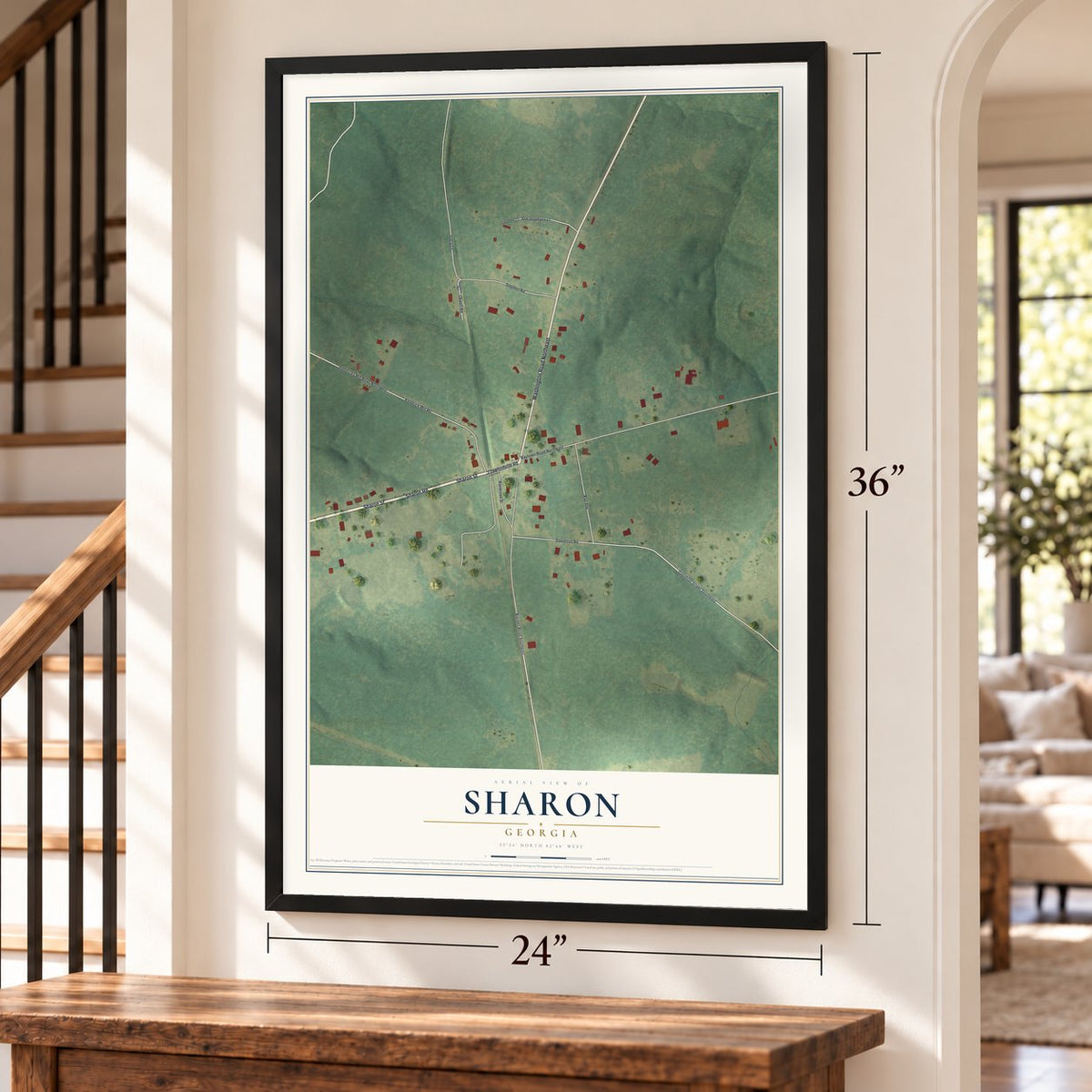Sharon, Georgia map, 24 x 36 inch print in a black frame by a staircase