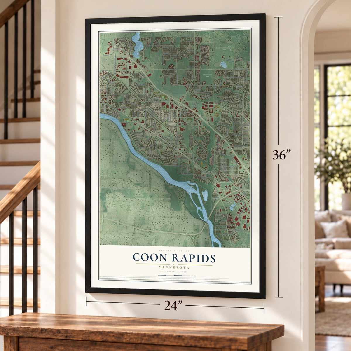 Coon Rapids, Minnesota map, 24 x 36 inch print in a black frame by a staircase