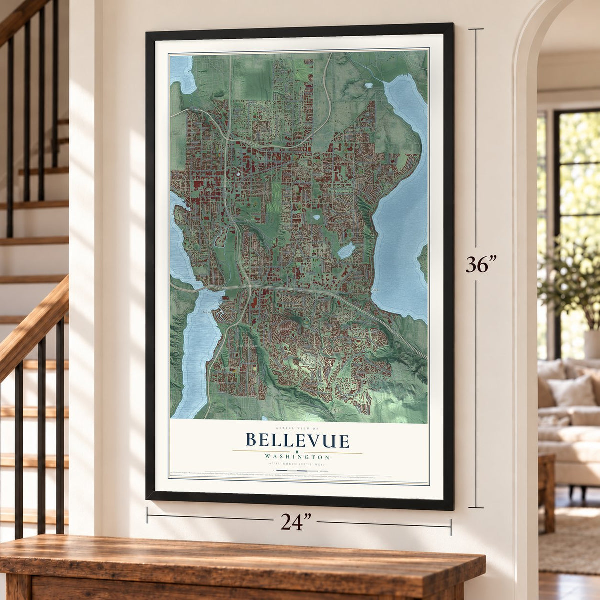 Bellevue, Washington map, 24 x 36 inch print in a black frame by a staircase