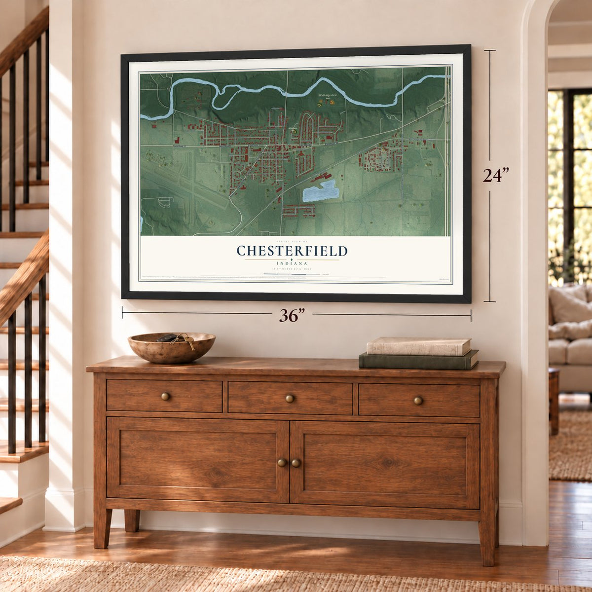 Chesterfield, Indiana map, 24 x 36 inch print in a black frame above a dresser by a staircase