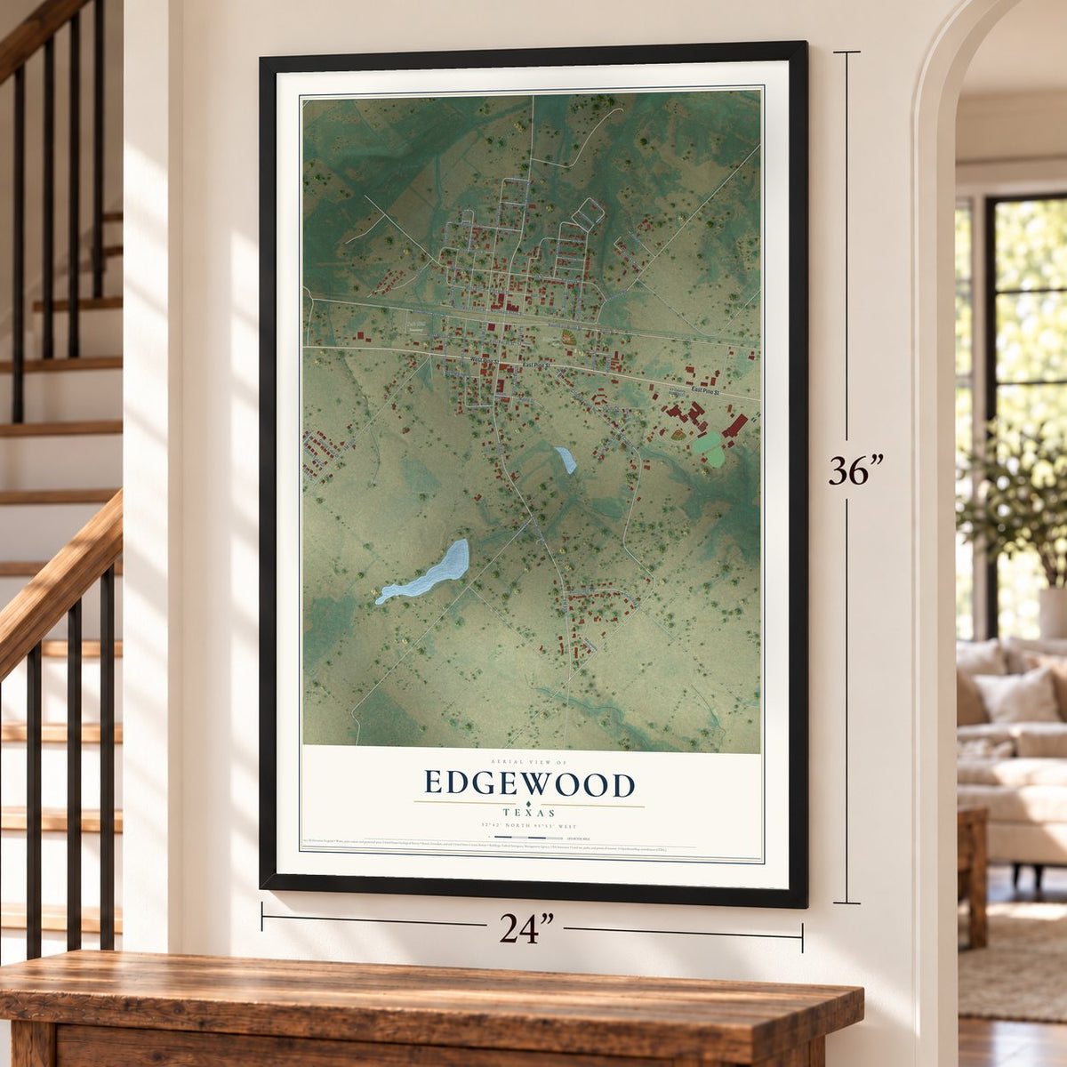 Edgewood, Texas map, 24 x 36 inch print in a black frame by a staircase