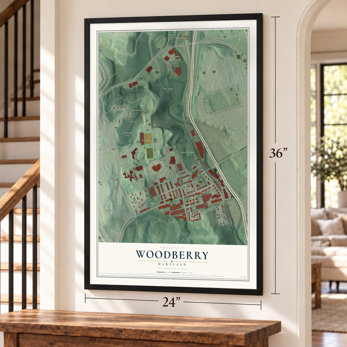 Woodberry, Maryland map, 24 x 36 inch print in a black frame by a staircase