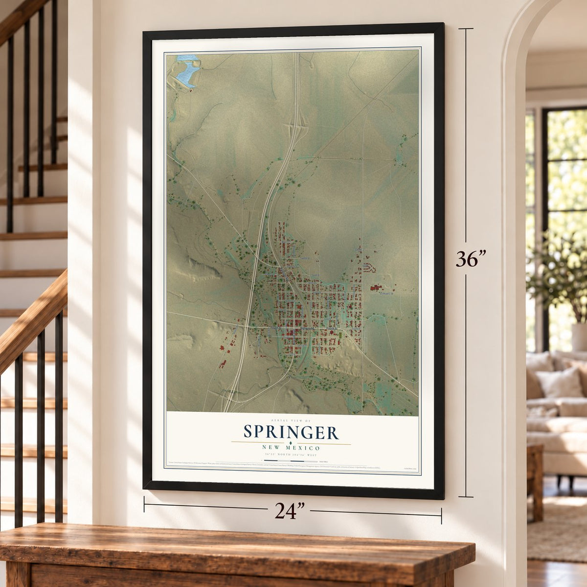Springer, New Mexico map, 24 x 36 inch print in a black frame by a staircase