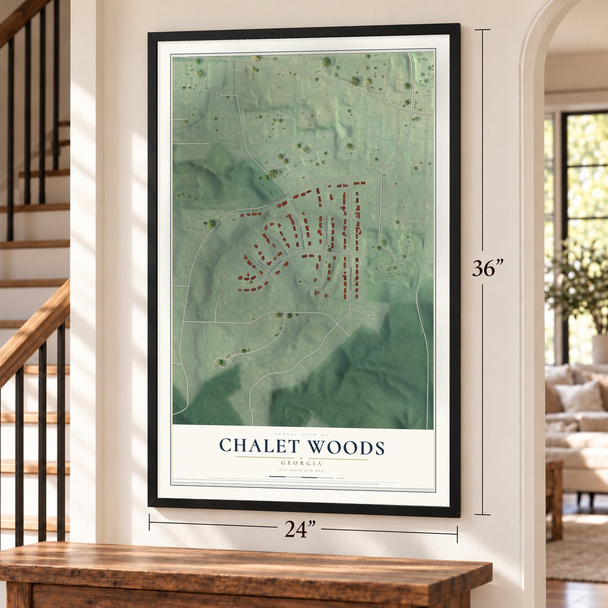 Chalet Woods, Georgia map, 24 x 36 inch print in a black frame by a staircase