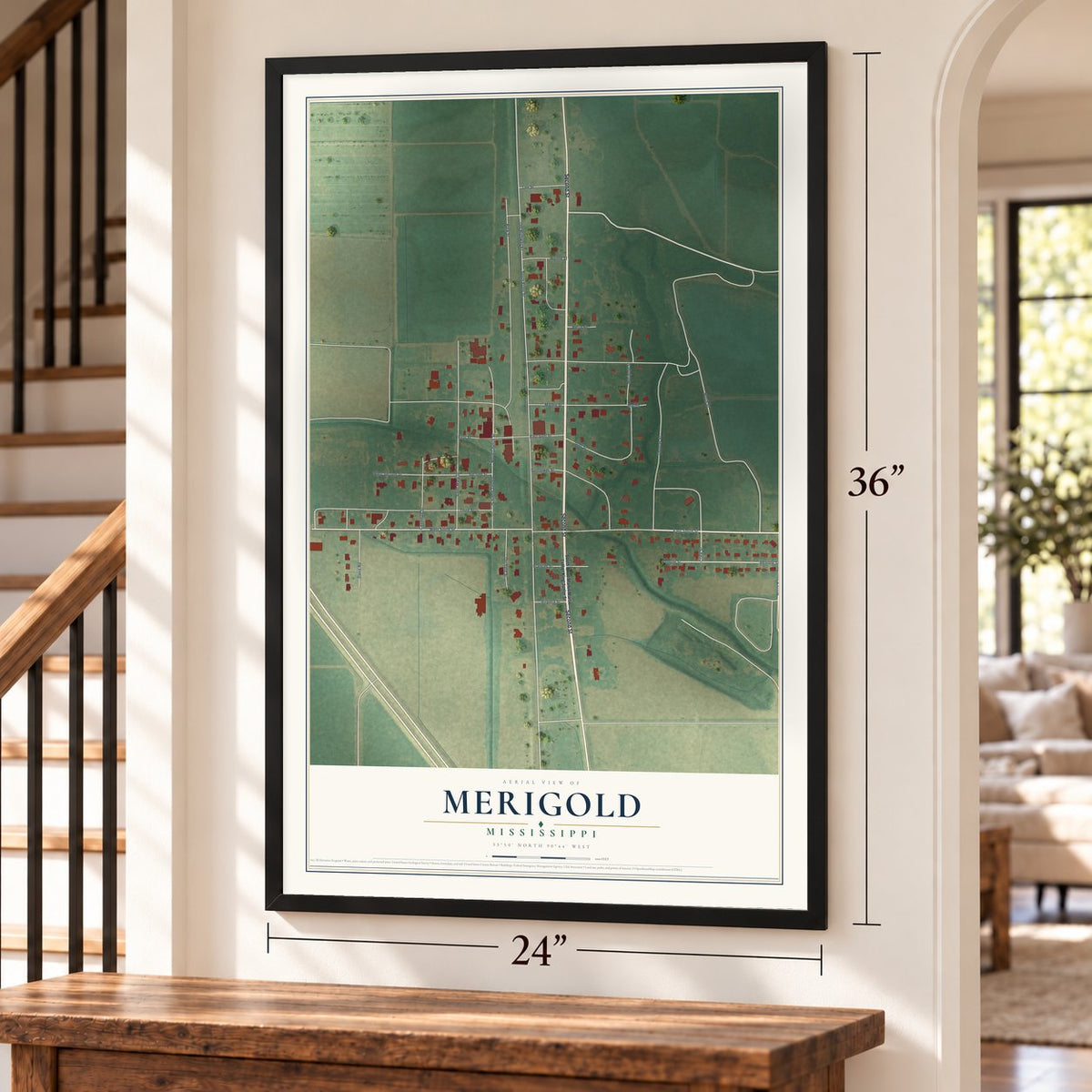 Merigold, Mississippi map, 24 x 36 inch print in a black frame by a staircase