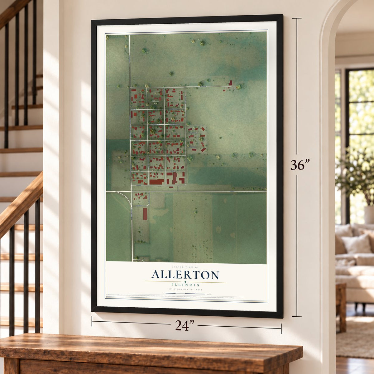 Allerton, Illinois map, 24 x 36 inch print in a black frame by a staircase