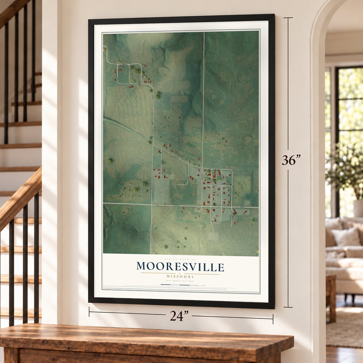 Mooresville, Missouri map, 24 x 36 inch print in a black frame by a staircase