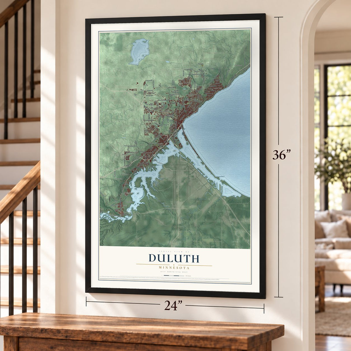 Duluth, Minnesota map, 24 x 36 inch print in a black frame by a staircase