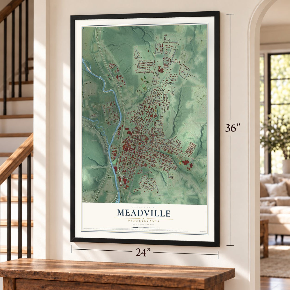 Meadville, Pennsylvania map, 24 x 36 inch print in a black frame by a staircase
