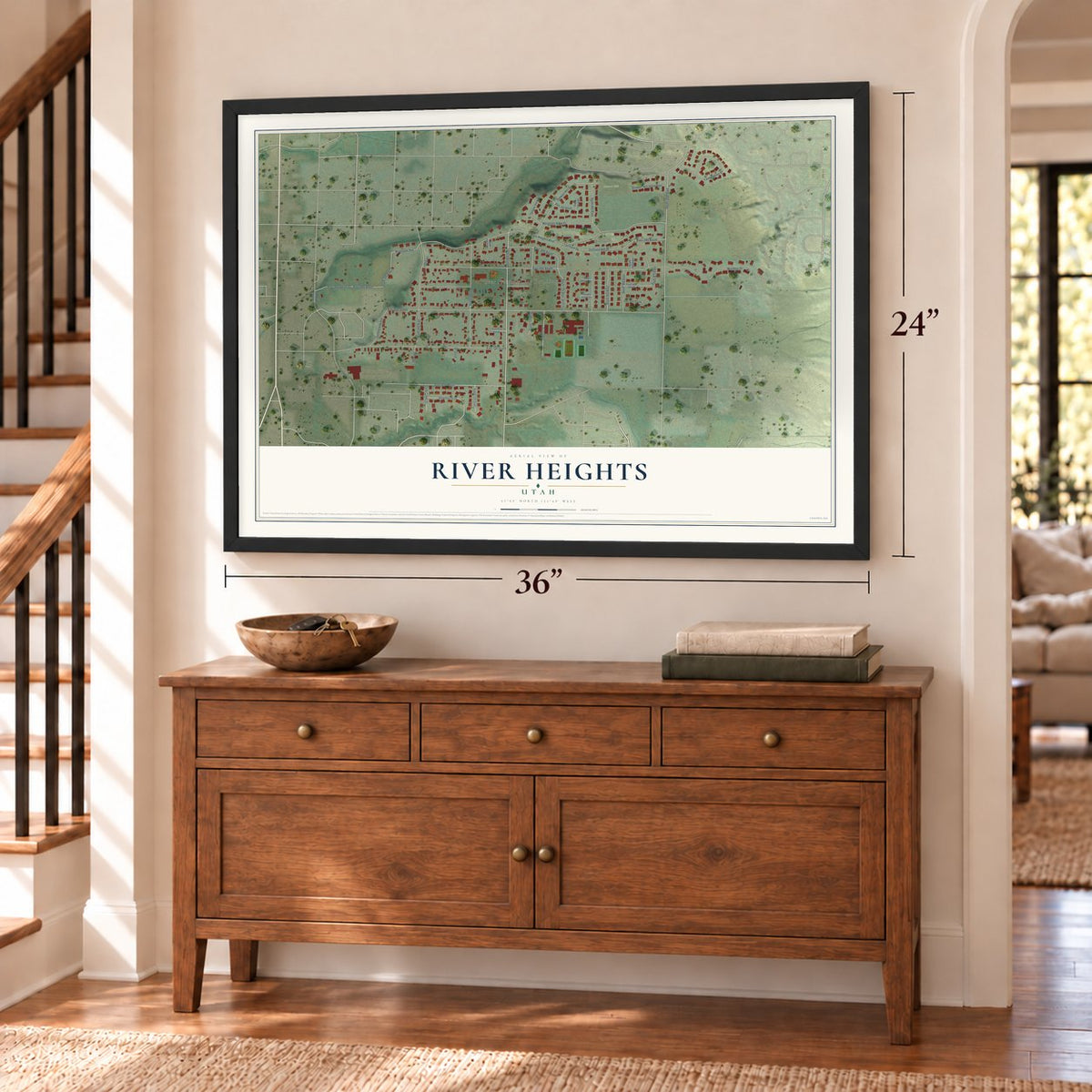 River Heights, Utah map, 24 x 36 inch print in a black frame above a dresser by a staircase