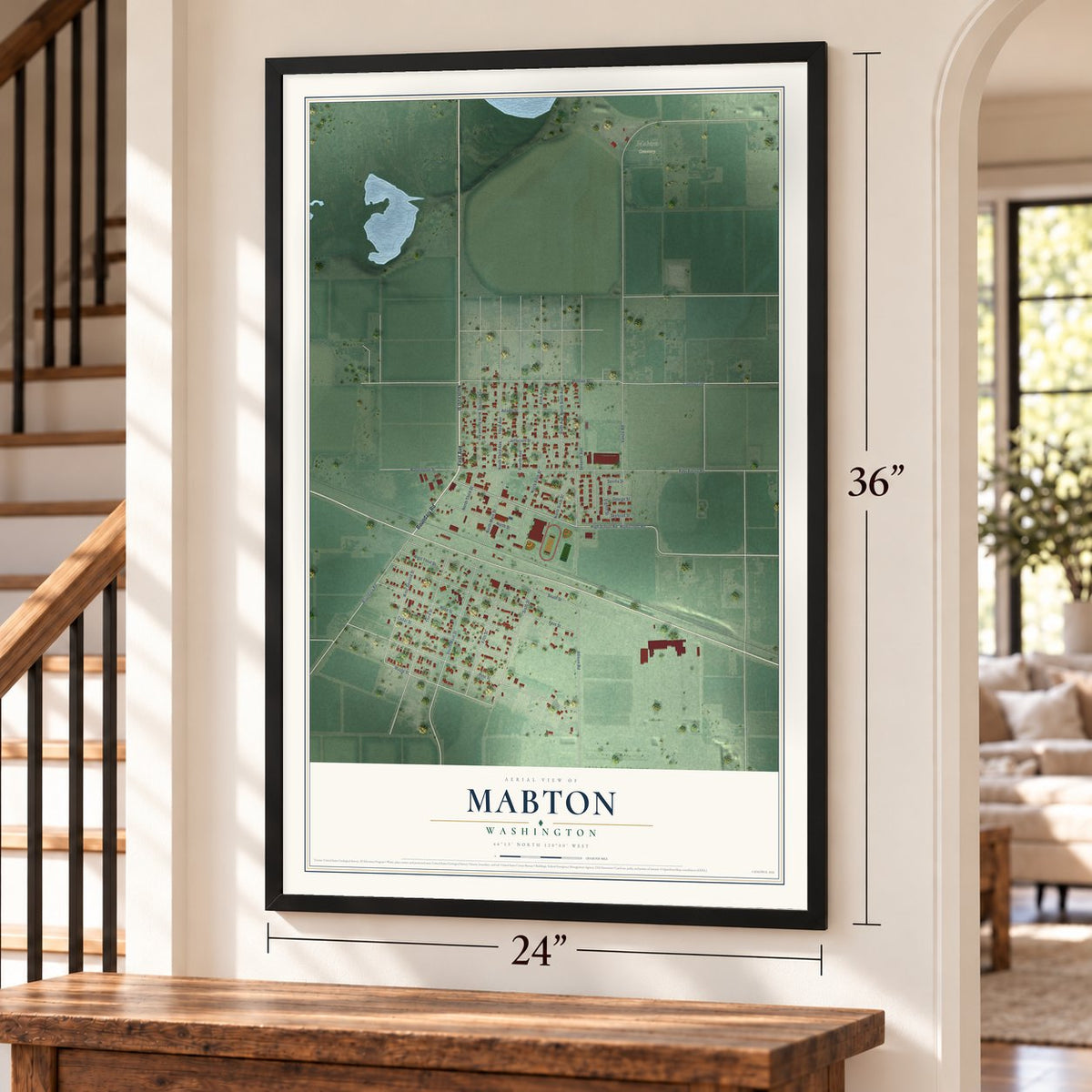 Mabton, Washington map, 24 x 36 inch print in a black frame by a staircase