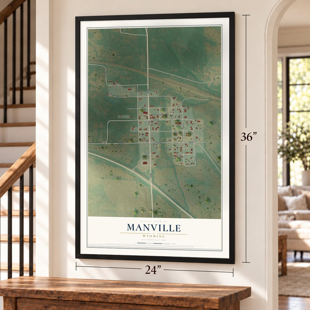 Manville, Wyoming map, 24 x 36 inch print in a black frame by a staircase