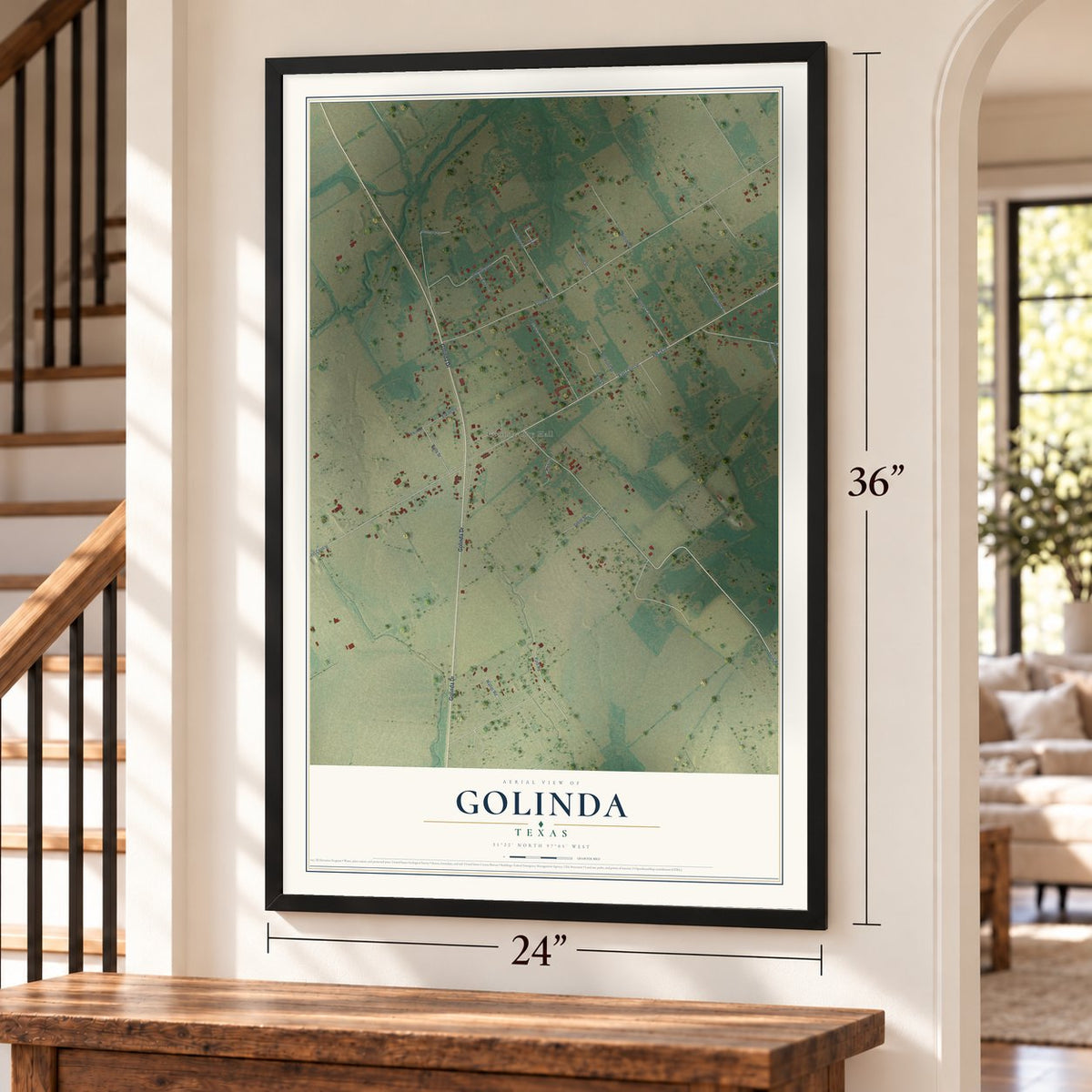 Golinda, Texas map, 24 x 36 inch print in a black frame by a staircase