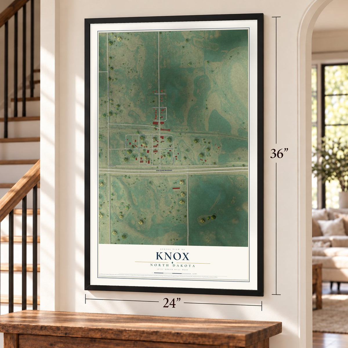 Knox, North Dakota map, 24 x 36 inch print in a black frame by a staircase