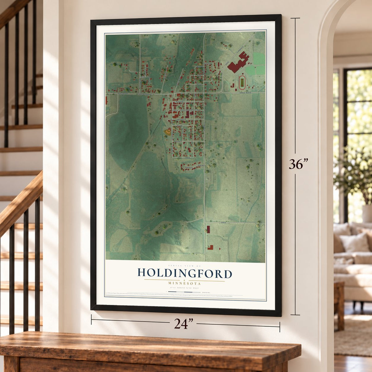 Holdingford, Minnesota map, 24 x 36 inch print in a black frame by a staircase