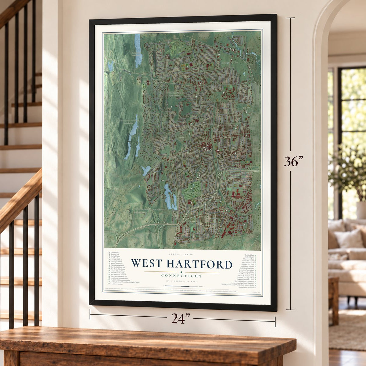 West Hartford, Connecticut map, 24 x 36 inch print in a black frame by a staircase