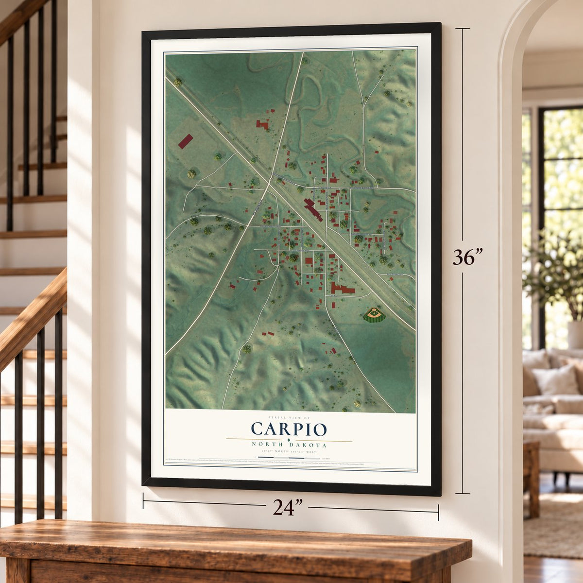 Carpio, North Dakota map, 24 x 36 inch print in a black frame by a staircase