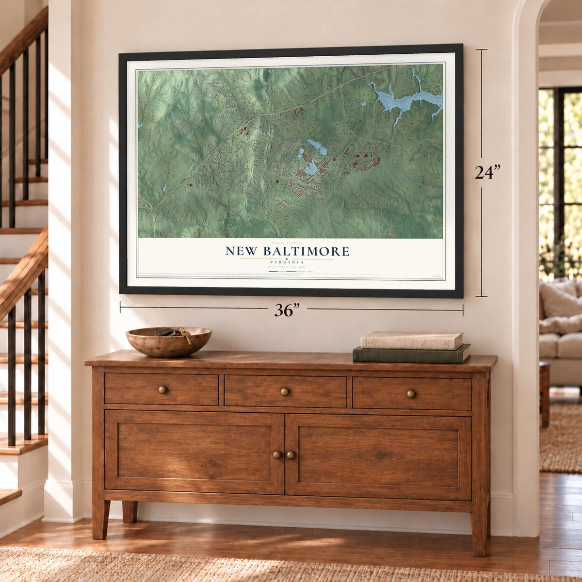 New Baltimore, Virginia map, 24 x 36 inch print in a black frame above a dresser by a staircase