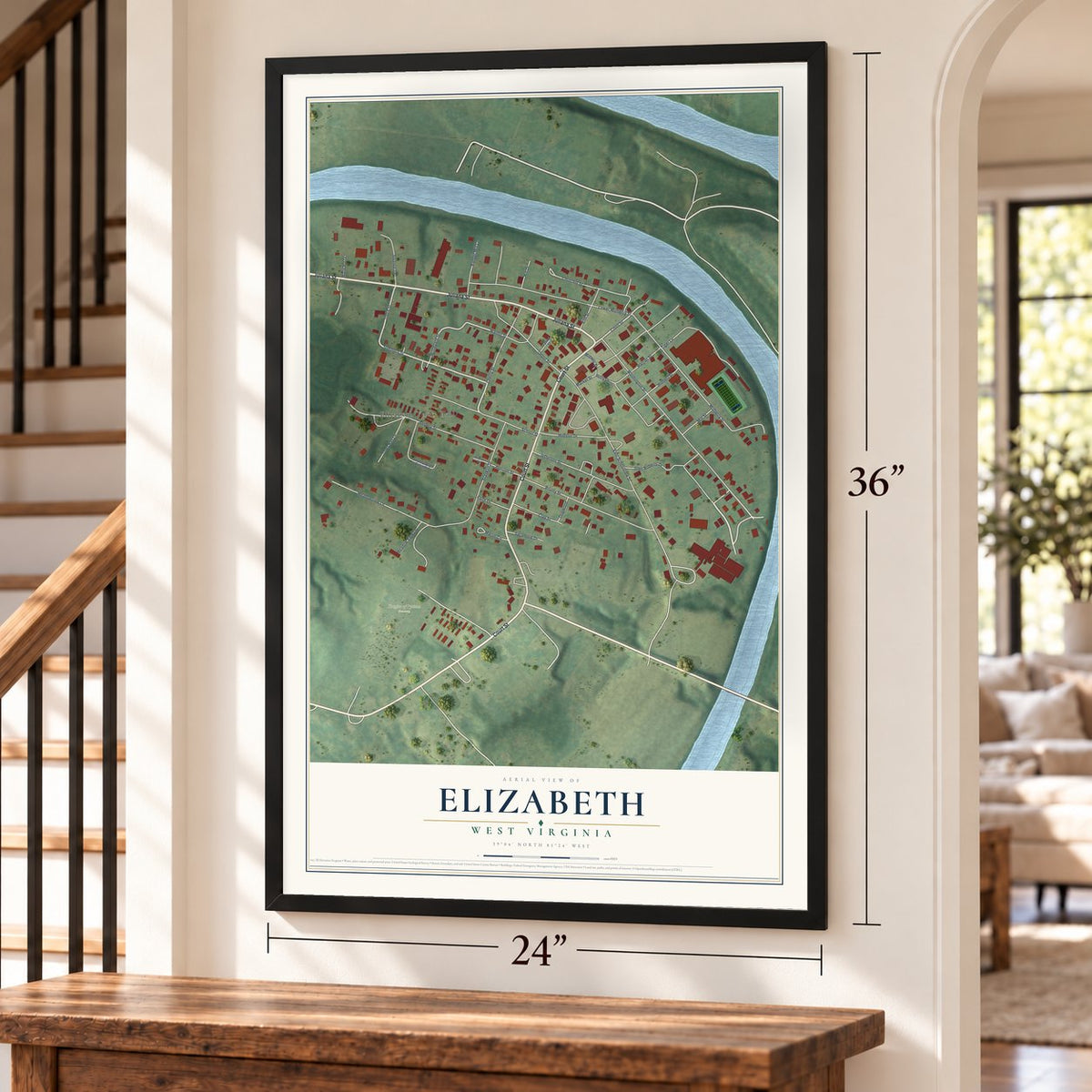 Elizabeth, West Virginia map, 24 x 36 inch print in a black frame by a staircase