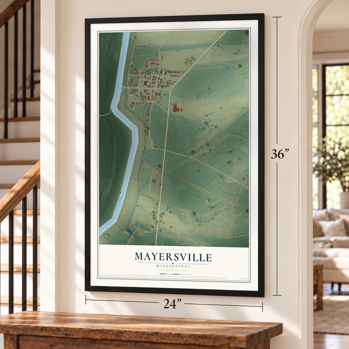 Mayersville, Mississippi map, 24 x 36 inch print in a black frame by a staircase