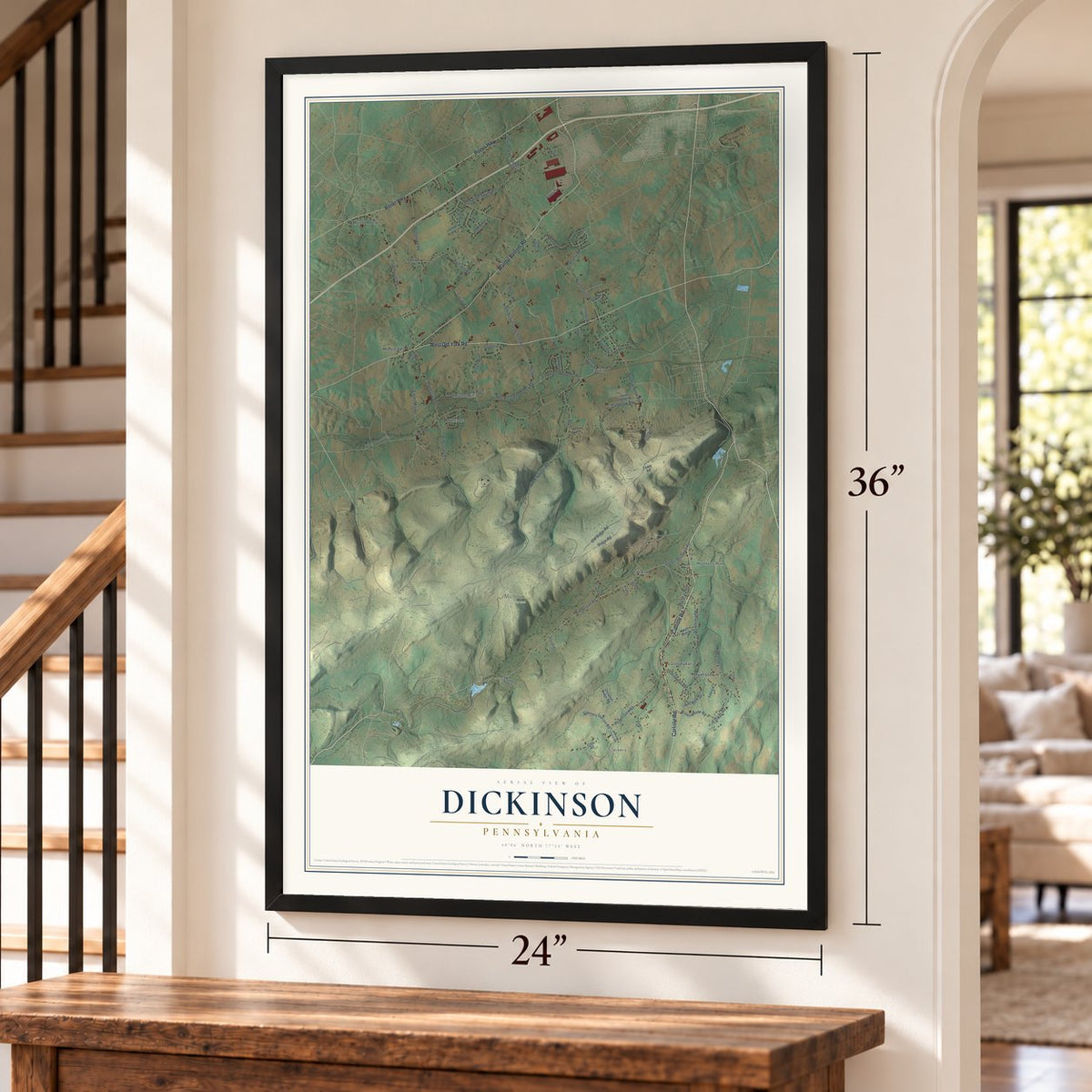Dickinson, Pennsylvania map, 24 x 36 inch print in a black frame by a staircase