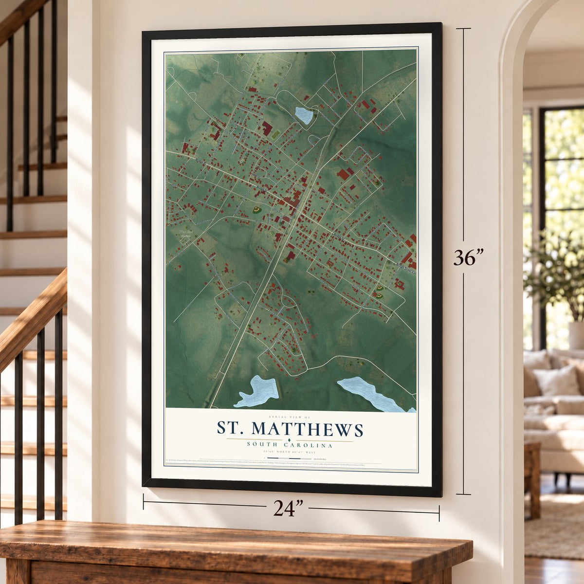 St. Matthews, South Carolina map, 24 x 36 inch print in a black frame by a staircase