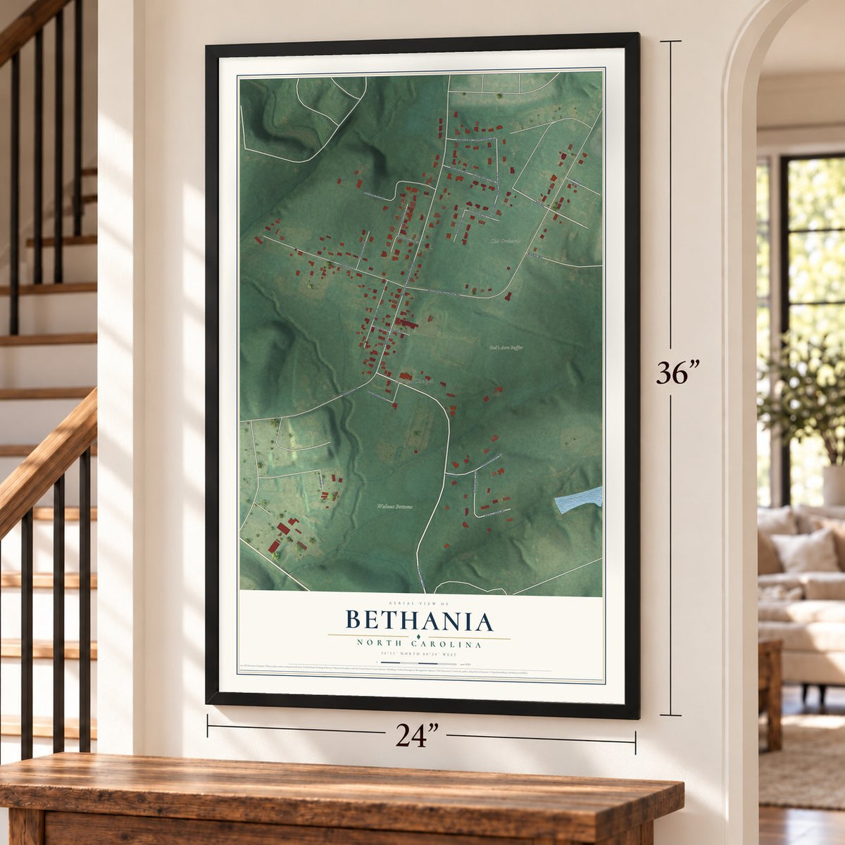 Bethania, North Carolina map, 24 x 36 inch print in a black frame by a staircase