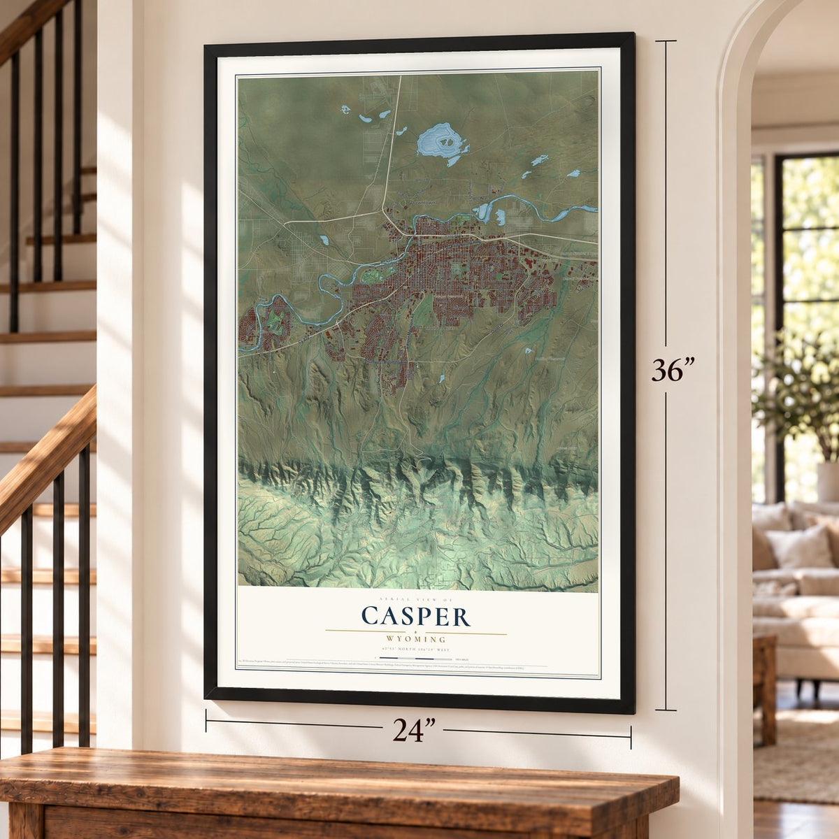 Casper, Wyoming map, 24 x 36 inch print in a black frame by a staircase
