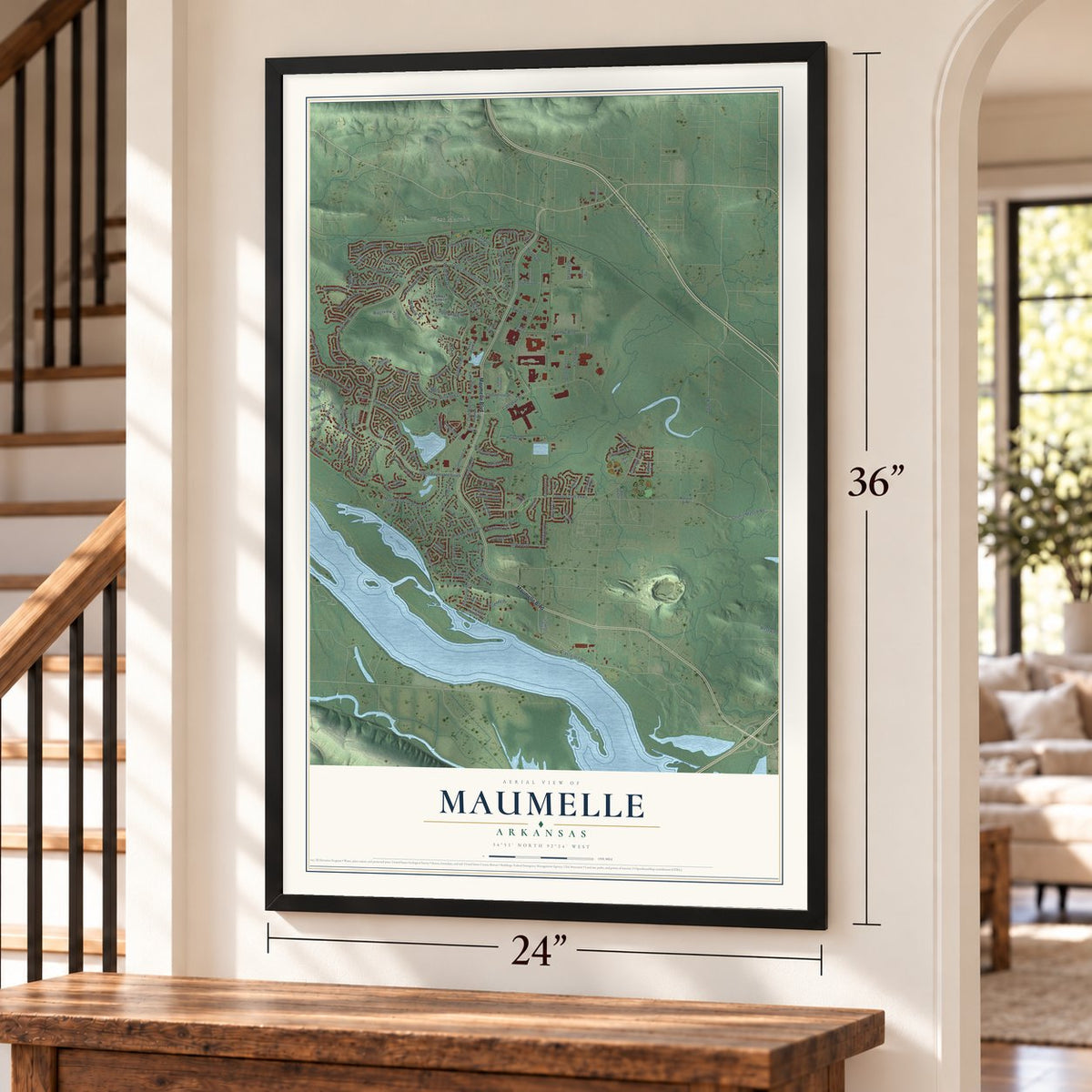 Maumelle, Arkansas map, 24 x 36 inch print in a black frame by a staircase