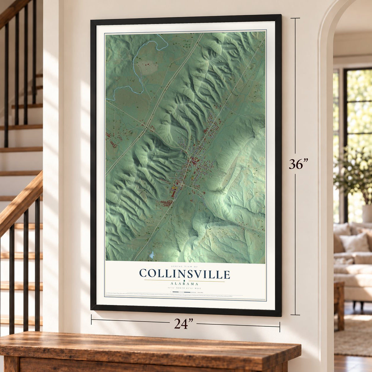 Collinsville, Alabama map, 24 x 36 inch print in a black frame by a staircase