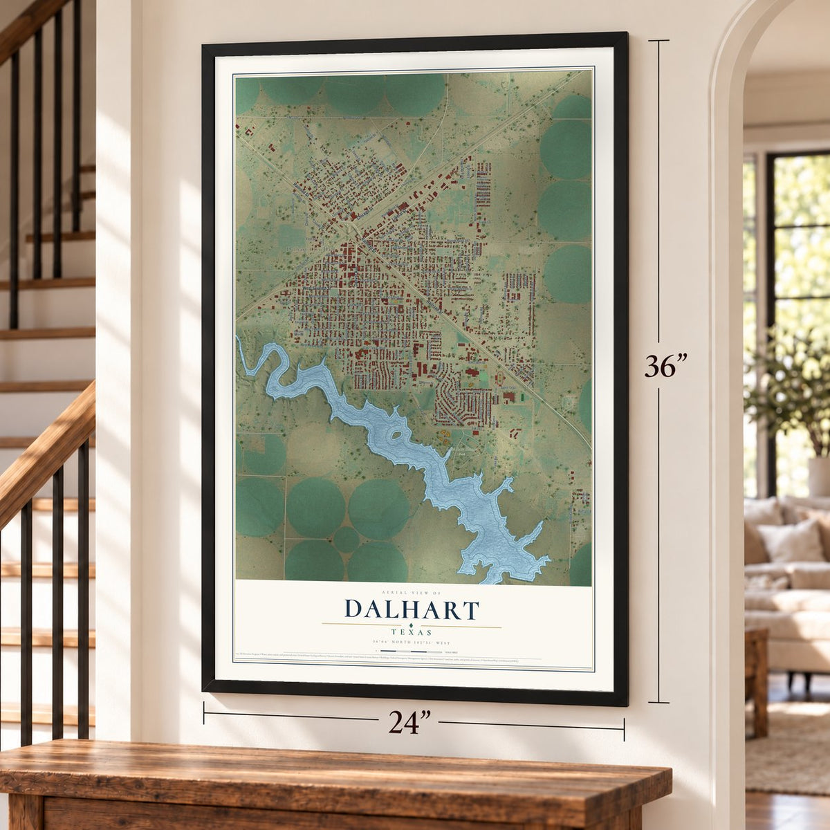 Dalhart, Texas map, 24 x 36 inch print in a black frame by a staircase