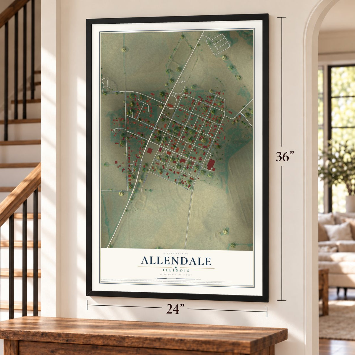 Allendale, Illinois map, 24 x 36 inch print in a black frame by a staircase