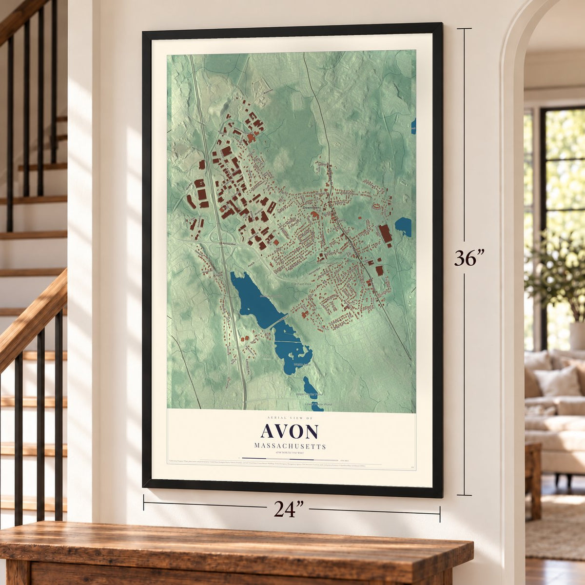 Avon, Massachusetts map, 24 x 36 inch print in a black frame by a staircase