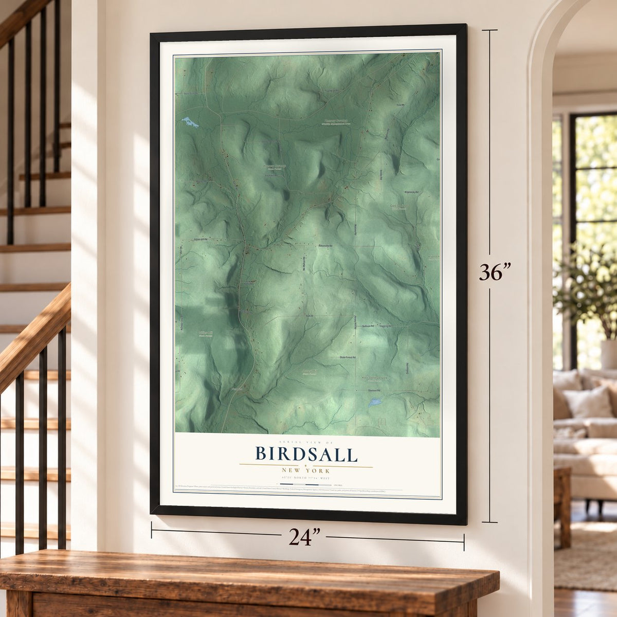 Birdsall, New York map, 24 x 36 inch print in a black frame by a staircase