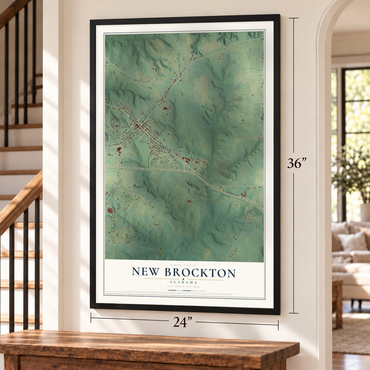 New Brockton, Alabama map, 24 x 36 inch print in a black frame by a staircase