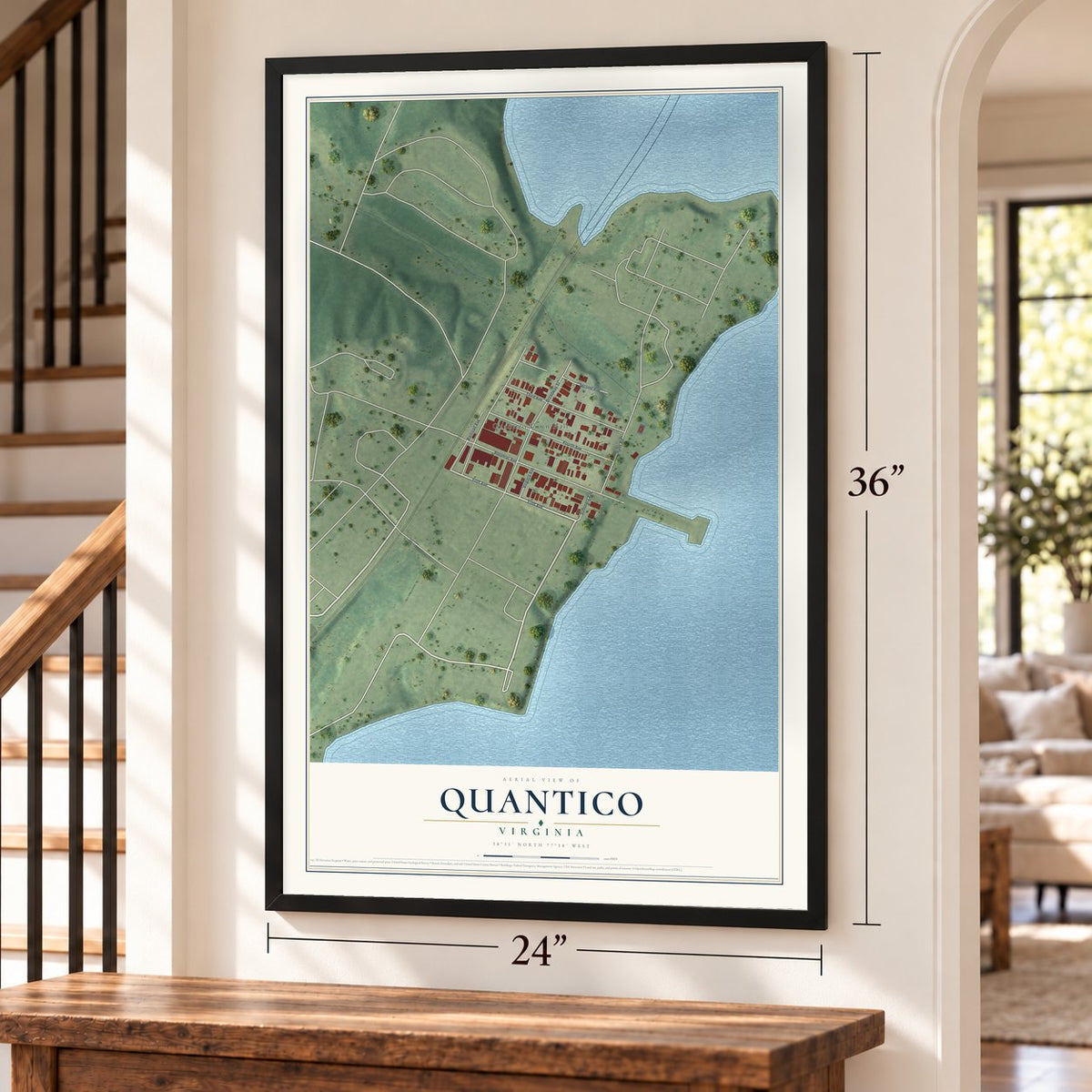 Quantico, Virginia map, 24 x 36 inch print in a black frame by a staircase