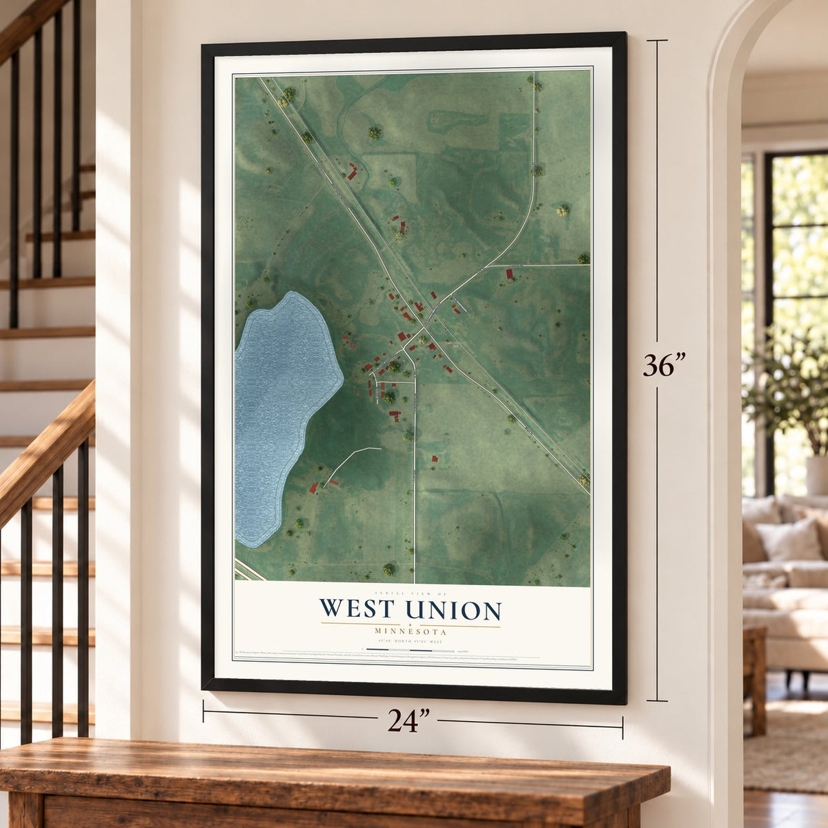 West Union, Minnesota map, 24 x 36 inch print in a black frame by a staircase