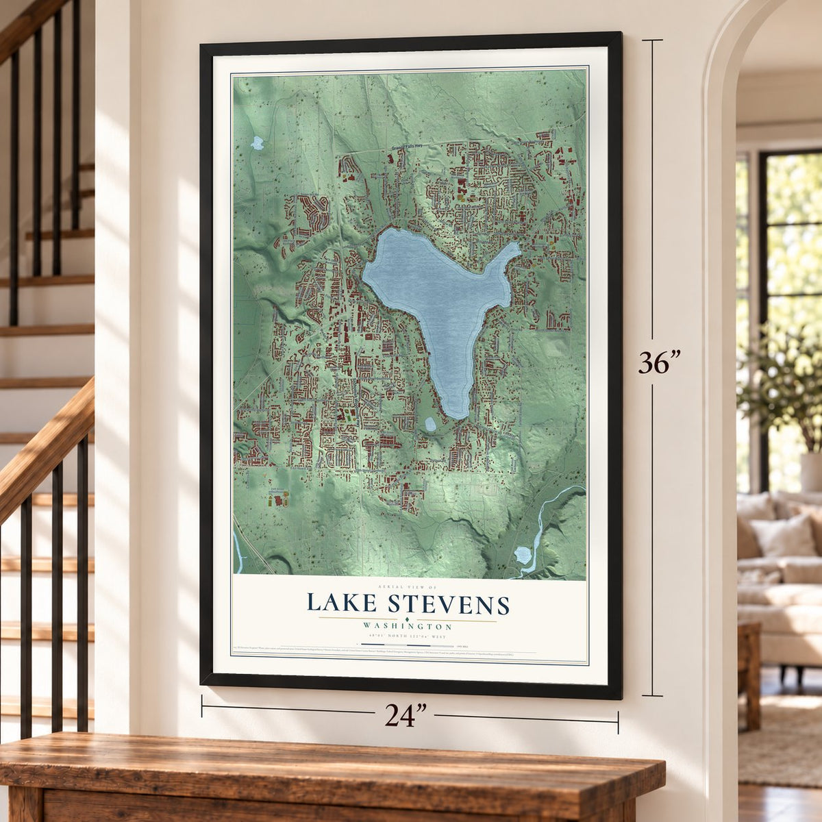 Lake Stevens, Washington map, 24 x 36 inch print in a black frame by a staircase