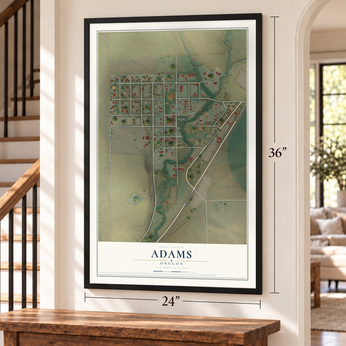Adams, Oregon map, 24 x 36 inch print in a black frame by a staircase