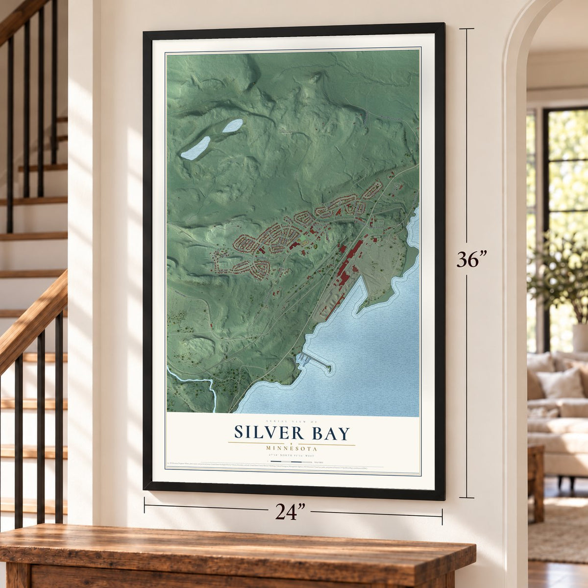 Silver Bay, Minnesota map, 24 x 36 inch print in a black frame by a staircase