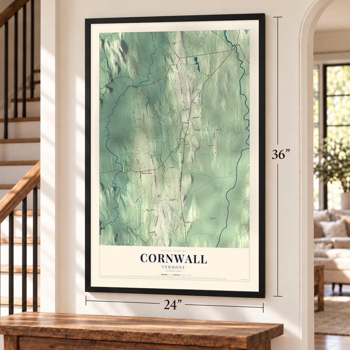 Cornwall, Vermont map, 24 x 36 inch print in a black frame by a staircase